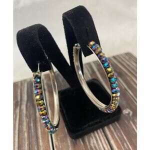 Women's Multicolored Beaded Hoop Earrings GUC Silver